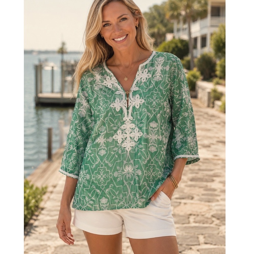Charter‎ Club Shirt Size S Green 3/4 Sleeve coastal